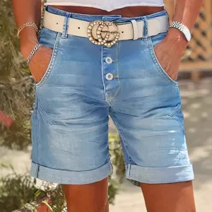 Women High Waisted Denim Bermuda Shorts Casual Button Fly Stretchy Cuffed Hem Cotton Blend Washed Jean Shorts Summer Casual Bottom