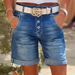 Women's summer high-waist elastic denim shorts with cuffed hem and a stylish designer belt