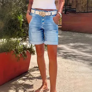 High-waist stretch denim shorts with cuffed hem for summer women's street wear