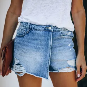 Stylish women's summer casual distressed denim skort with a vintage washed effect