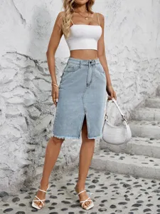 High-waist light blue denim midi skirt with front split and frayed hem