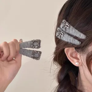 Korean style gray wool rhinestone hair clips sweet square crystal side bangs clips for women