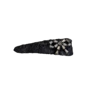 Korean style black wool rhinestone bow hair clip, elegant hair accessory for women daily wear.