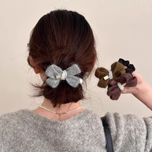 Autunno Inverno Filato Fiocco Elastici per Capelli Elegante Perla Artificiale Elasticoni Fatto a Mano Maglia Fiocco Corda per Capelli Copricapo da Donna