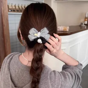 Elastico per capelli con fiocco in maglia autunno inverno per donne, elegante supporto per coda.