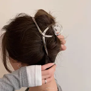 Dettaglio in primo piano della grande molletta per capelli in metallo argentato.