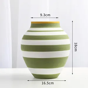 Detailed size guide for the green and white striped ceramic vase with dimensions