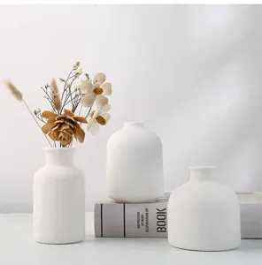 Vases en céramique blanche minimalistes sur un livre avec des fleurs séchées.