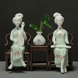 Handgemachte Keramik Klassische Damenfigur Heimdekoration Lotus Bemalt Ornamente Tischstatue