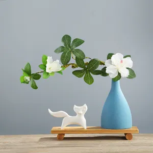 Modern ceramic vase set with white fox figurine and wooden base for home desktop decor