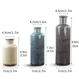 Dimensioni dettagliate per il set di 3 vasi in ceramica rustica con effetto craquelé blu