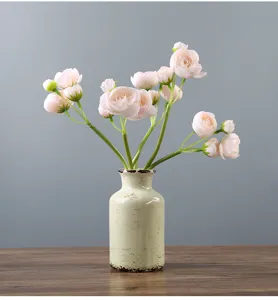 Dettaglio di un vaso in ceramica rustica con smalto craquelé e fiori di ranuncolo rosa