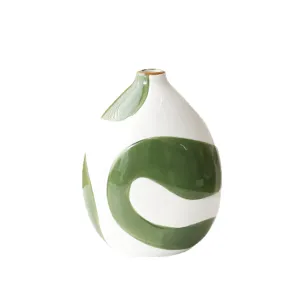 Modern hand-painted ceramic vase with abstract green swirl patterns for home decor