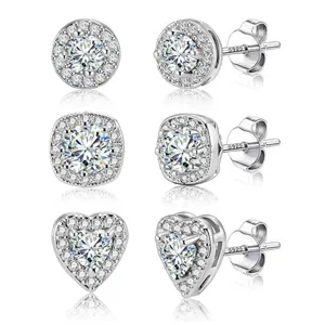 Pendientes de tuerca halo de plata S925 con circonita cúbica brillante en set.