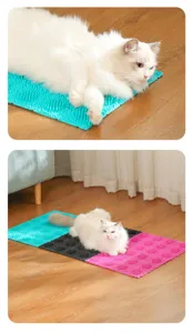 Detailed view of a fluffy cat using the silicone pet grooming and massage mat on floor.
