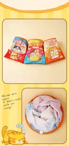 Detailed view of colorful snack bag cat tunnels featuring crinkle paper and interior lining