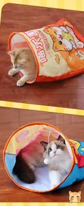 Detail view of a crinkle cat tunnel sack with a funny snack pouch design for kittens
