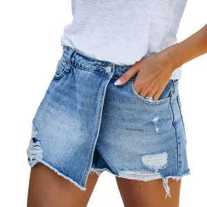 Casual washed light blue denim skort with distressed ripped details for women