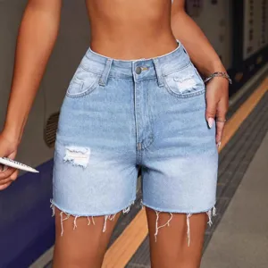 Summer street style light blue high waisted ripped denim shorts with raw hem and distressed detail