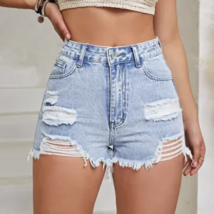 Women Distressed Denim Shorts Mid Waist Ripped Raw Hem Jean Shorts Washed Summer Casual Streetwear Bottom