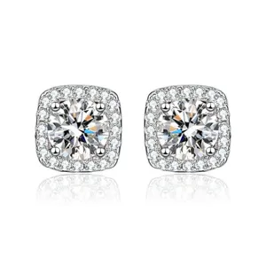 Pendientes de tuerca de circonita con halo brillante para mujer, joyería plateada exquisita.