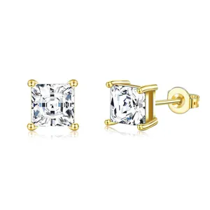 Pendientes de tuerca con circonita cúbica cuadrada chapados en oro para mujer, diseño elegante.