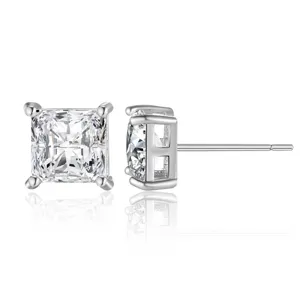 Pendientes de botón circonita cúbica cuadrada plata, brillo brillante talla princesa.