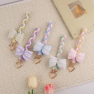 Sweet Macaron Woven Lanyard Bowknot Keychain Heart Alloy Lobster Clasp Plaid Fabric Bag Pendant Cute Car Key Ring Charm Gifts For Women Girl