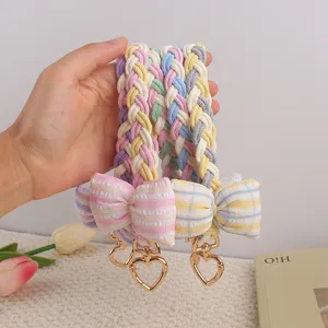 Colorful braided bag strap with sweet bows and heart clasps, soft macaron phone lanyard.