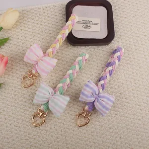 Macaron color braided bow keychain with heart clasp bag charm cute sweet gift accessory