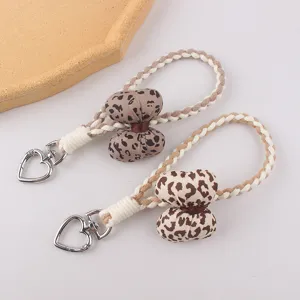 Cute leopard print braided phone lanyard heart keychain winter accessories sweet style chic
