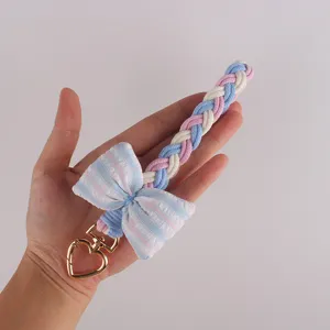 Macaron color braided bow keychain with heart clasp cute bag charm for women and girls gifts