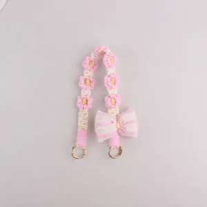 Handcrafted Woven Floral Phone Charm with Bowknot Cute Pink Key Chain Strap for Women