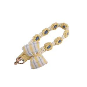Handmade woven flower phone lanyard with cute bow and metal ring for women accessories