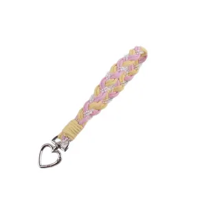 Handgefertigte geflochtene Handygelenkband in Rosa Gelb mit Herz Karabiner Hauptansicht