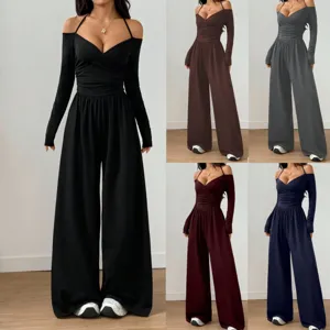 Γυναικεία Ολόσωμη Φόρμα Με Λαιμόκοψη V Halter Μακρύ Μανίκι Εξώπλατη Φαρδύ Παντελόνι Ψηλόμεσο Bodycon Romper Μονόχρωμη Casual Streetwear Πάρτι Ολόσωμη Φόρμα