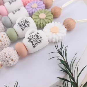 Siliconen madeliefje koffiekopje kralen houten sleutelhanger lanyard DIY riem accessoires