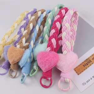 Plush heart braided phone lanyard and cute bag charm keychain for women daily style.