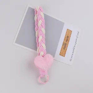 Plush heart braided phone strap charm cute pink keychain pendant for women autumn winter