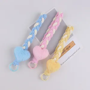 Fluffy heart phone charm braided key ring cute bag pendant for women winter accessories