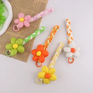 Süßer Gewebter Blumen Schlüsselanhänger Lanyard Legierung Baumwollkordel Geflochtenes Telefonband Umhängeband Schlüsselring Halter Ornament Für Damen
