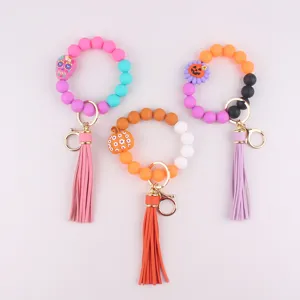 Halloween Silicone Bead Bracelet Keychain With Leather Tassel Pumpkin Skull Pendant Food Grade Silicone Bangle Key Ring Holiday Gift For Women