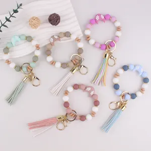 Llavero de Pulsera de Cuentas de Silicona de Luna con Borla de Cuero y Cuenta de Madera Anillo de Llave para Bolsos Mujer Niña Regalo