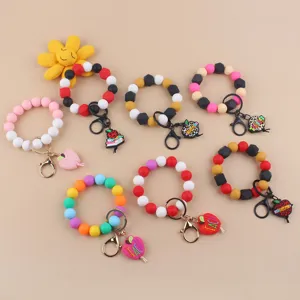 Llavero de Pulsera de Cuentas de Silicona Regalo para Maestro Colgante de Manzana y Lápiz para Mujer