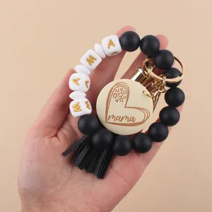 Silikon Perlen Armband Schlüsselanhänger mit Holzherz Anhänger, MAMA Buchstabenperlen.
