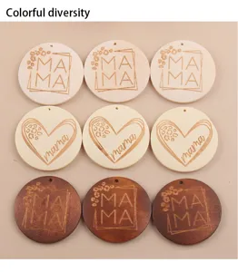 Wooden keychain blanks, laser engraved MAMA wood slice pendants, DIY craft details view.
