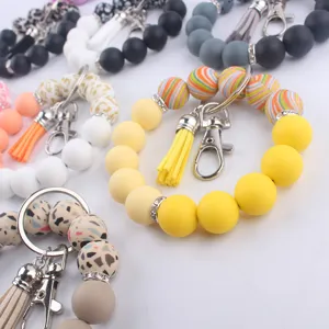 Porte-clés Bracelet en Perles de Silicone avec Gland Imprimé Léopard Anneau Clé Accessoire Mode Détail