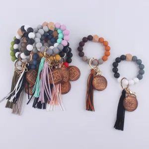 Handmade Leather Tassel MAMA Wooden Plate Keychain Silicone Beaded Wristlet Bracelet Bag Pendant Key Ring For Women Gift
