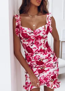 Close-up detail of a summer sleeveless V-neck floral bodycon dress with ruffle shoulders