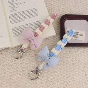 Handmade woven macrame phone charm cute bow wrist strap aesthetic braided keychain for girls
